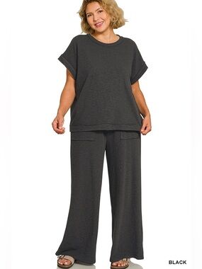 Zenana COTTON PLUS SLUB SHORT SLEEVE TEE & LONG PANTS SET